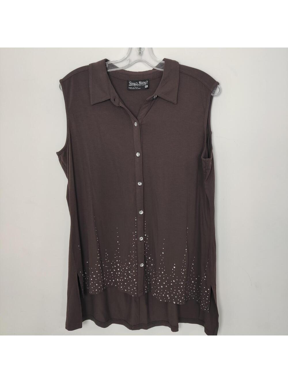 Tango Mango Collection Brown Rhinestone Sleeveless Button Front Top XL